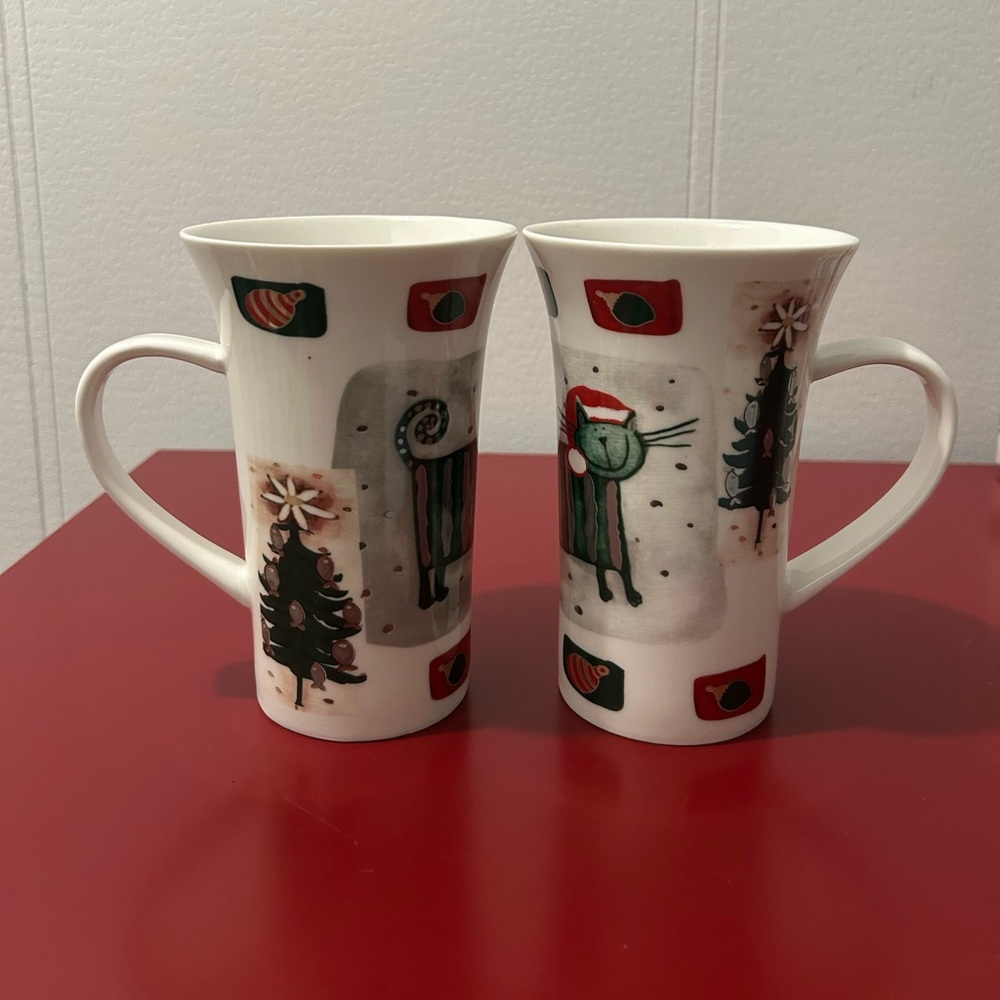 Stokes Porcelain Christmas Metallic Cat Mugs - Set of 2